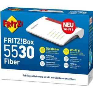 FRITZ!Box 5530 Fiber Router, Verpackung mit Wi-Fi 6 und Glasfaseranschluss.