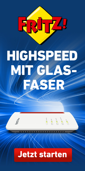 Fritz!Box Router mit Glasfaser, auf blauem Hintergrund, Werbung für Highspeed-Internet.