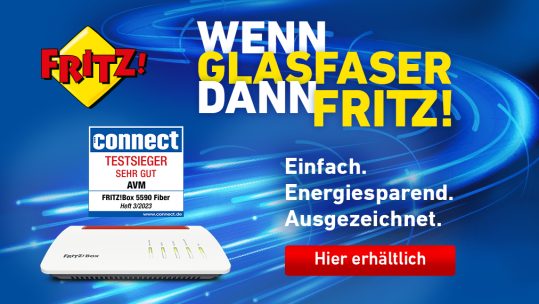 Logo von FRITZ! mit dem Slogan "Wenn Glasfaser, dann FRITZ!" und einem Router.